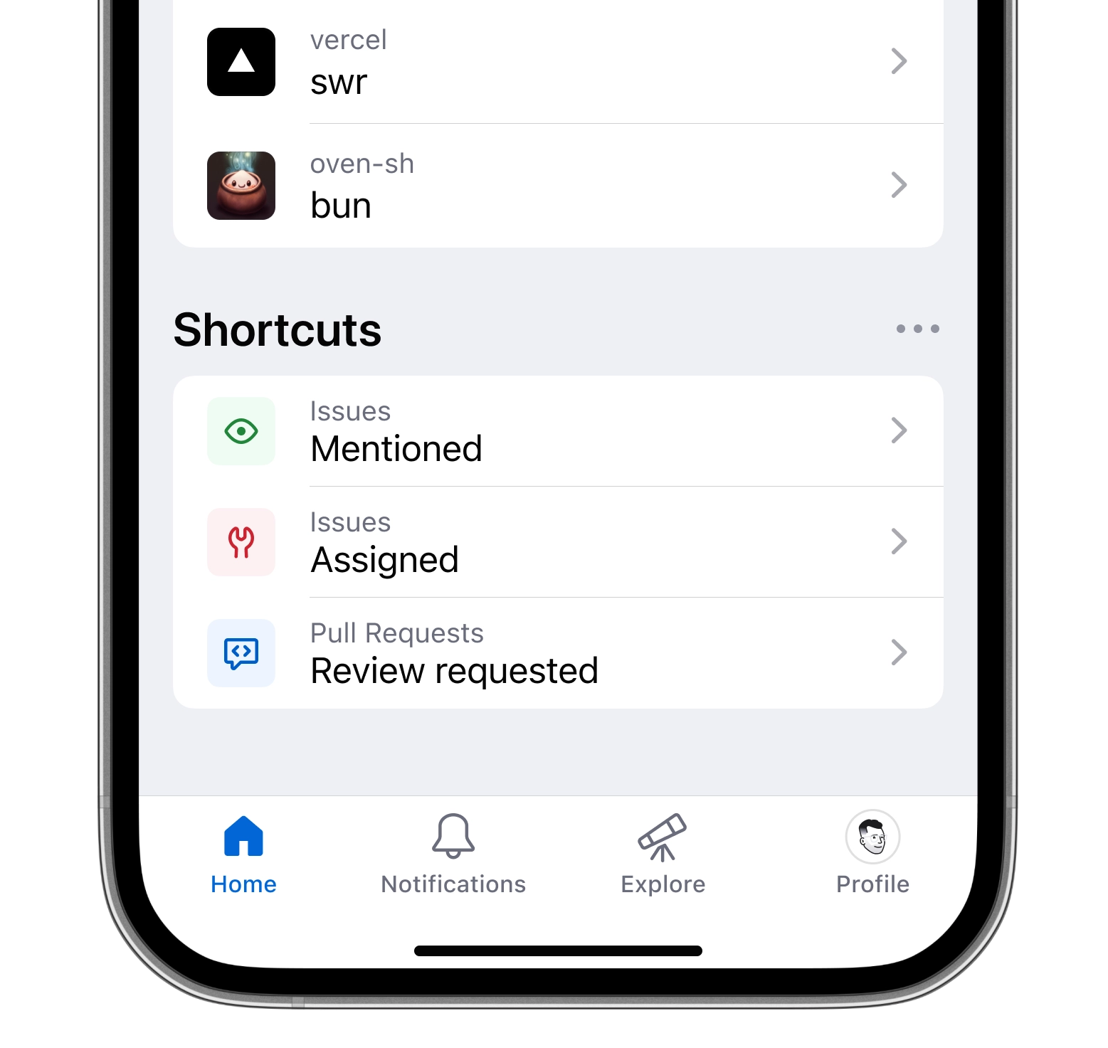 Shortcuts on the GitHub Mobile home tab